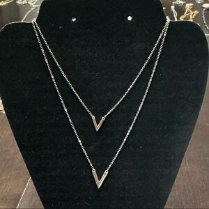 Chic Silver Layered Necklace with V Pendants by BB Lila